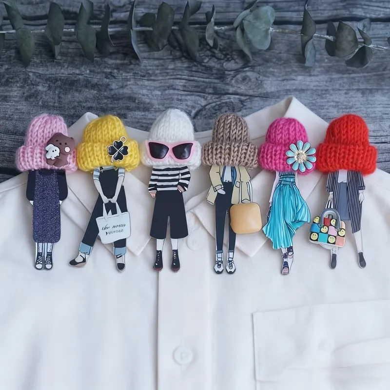 6Pcs Wool Hat Acrylic Brooch Cute Pins Brooch For Woman Bag Clothing Accessories Gifts