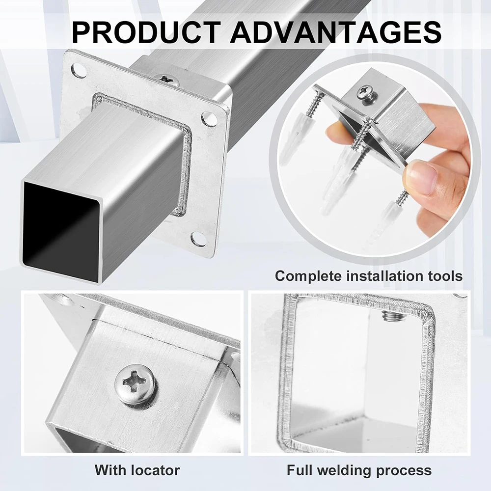 2mm Thick Stainless Steel Square Tube Flange Base, Universal Side Mount Pipe Holder for Shelves & Clothes Rail