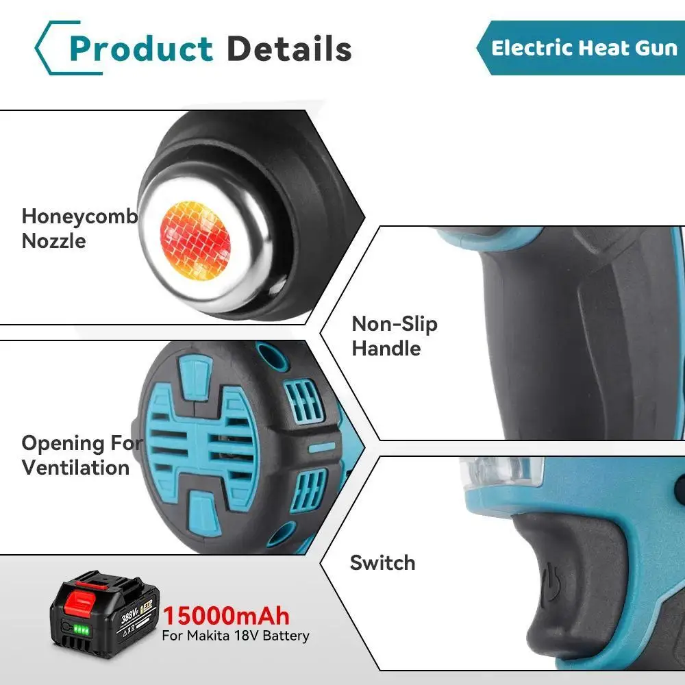 2000W Electric Heat Gun Compatible Makita 18V Battery Cordless Handheld Hot Air Gun with 3 Nozzles Industrial Home Hair Dryer