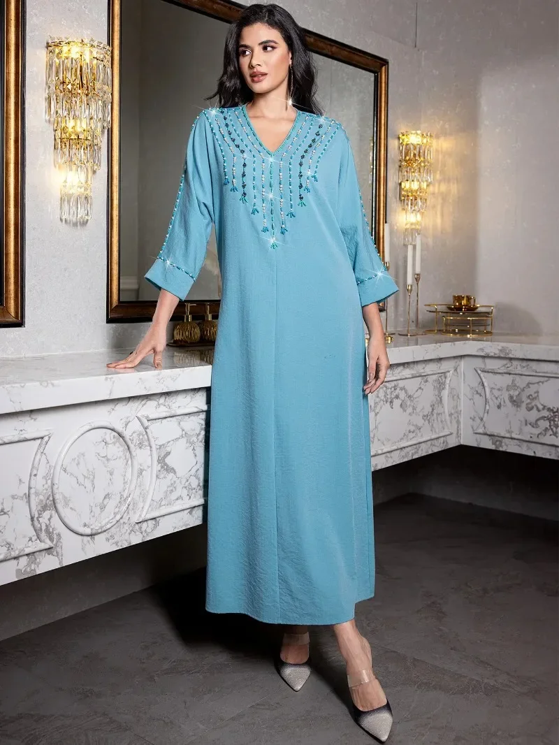

Eid Mubarak Djellaba Beaded Abayas for Women Luxury Dubai Muslim Dress Turkey Kaftan Ramadan Islam Jalabiya Caftan Marocain Robe