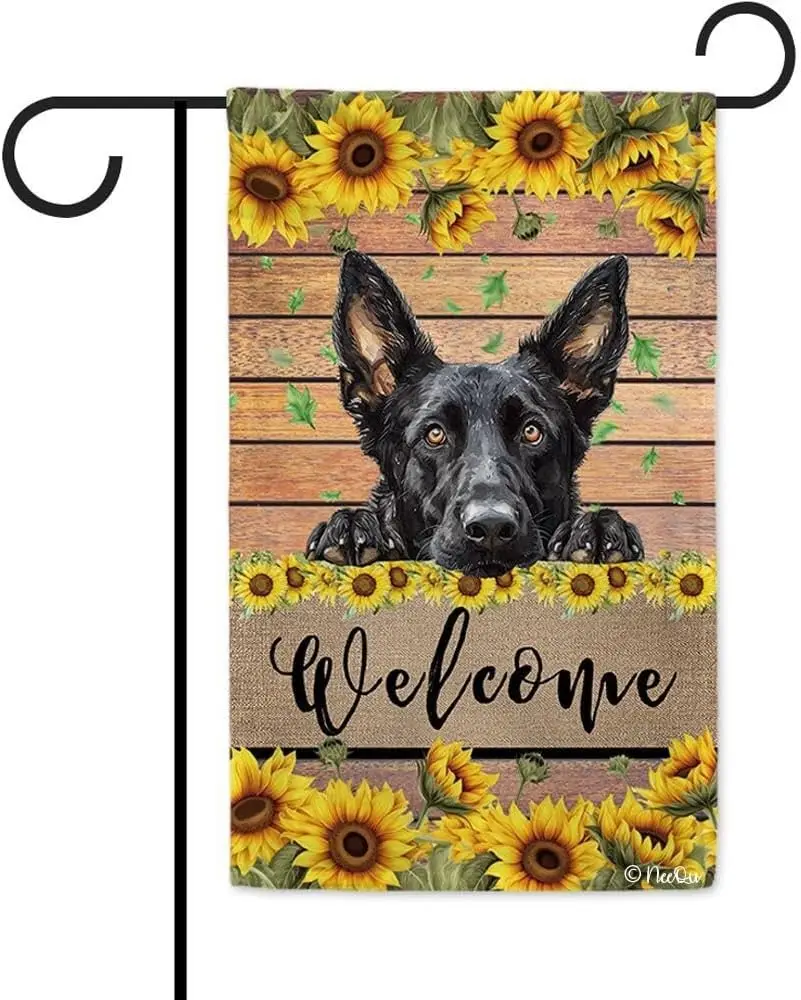 Vomokim Sunflower Garden Flag Dutch Shepherd Dog Floral Seasonal Flag Summer Spring Yard Outdoor Decoration Small Flag 12.5x IIC