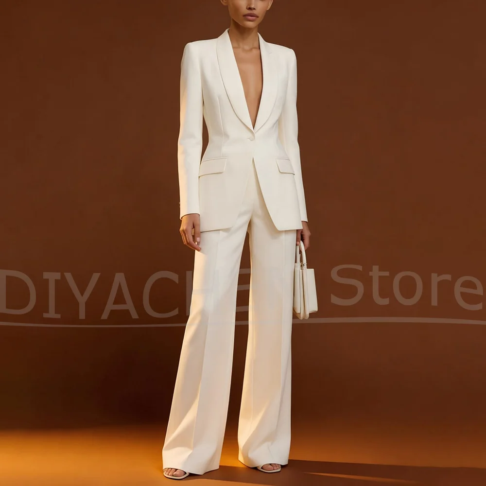 Elegant Women Suit Shawl Lapel One Button Blazer and Wide Leg Pants Formal Office Evening Party Wedding Luxury Outfit 2 Piece