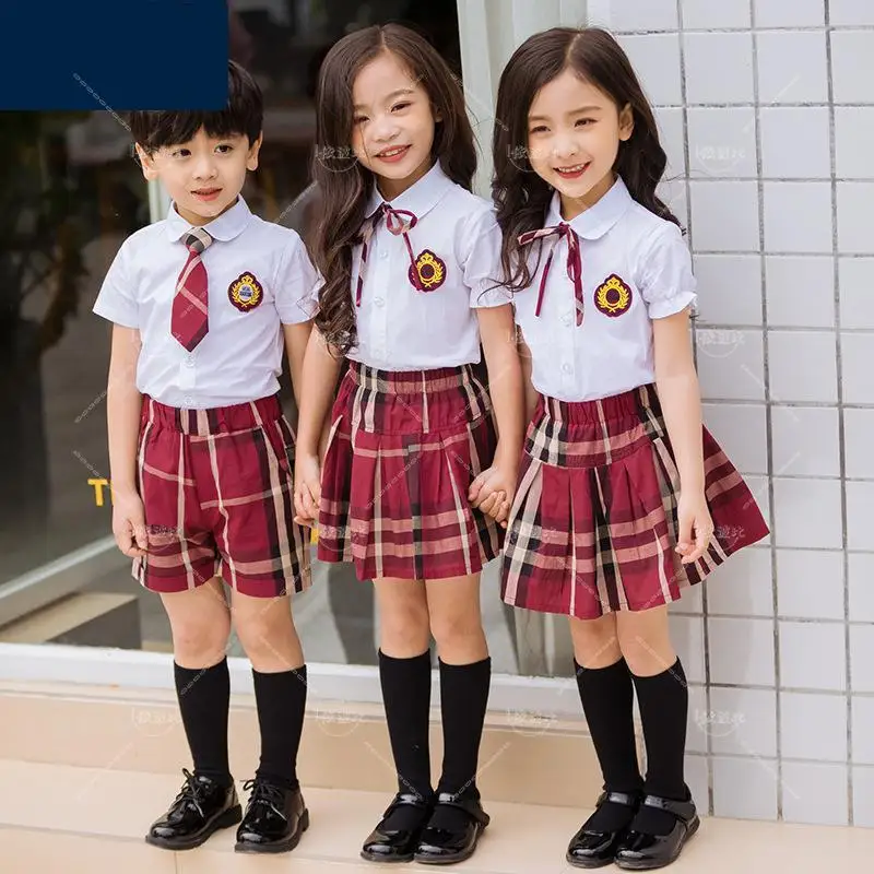 子供の韓国の制服、半袖シャツ、市松模様のスカート、赤い服セット、子供、男の子、女の子、プライマリ、子供