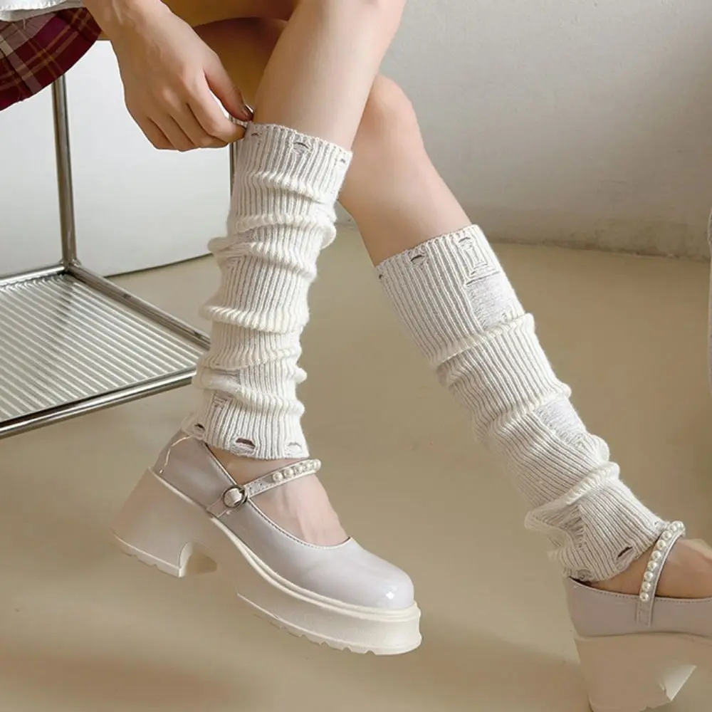 Japanese Style Hole Leg Warmers Sweet Harajuku Ruffles Ballet Guards Socks Balletcore Woolen Knitted Leg Cover Streetwear