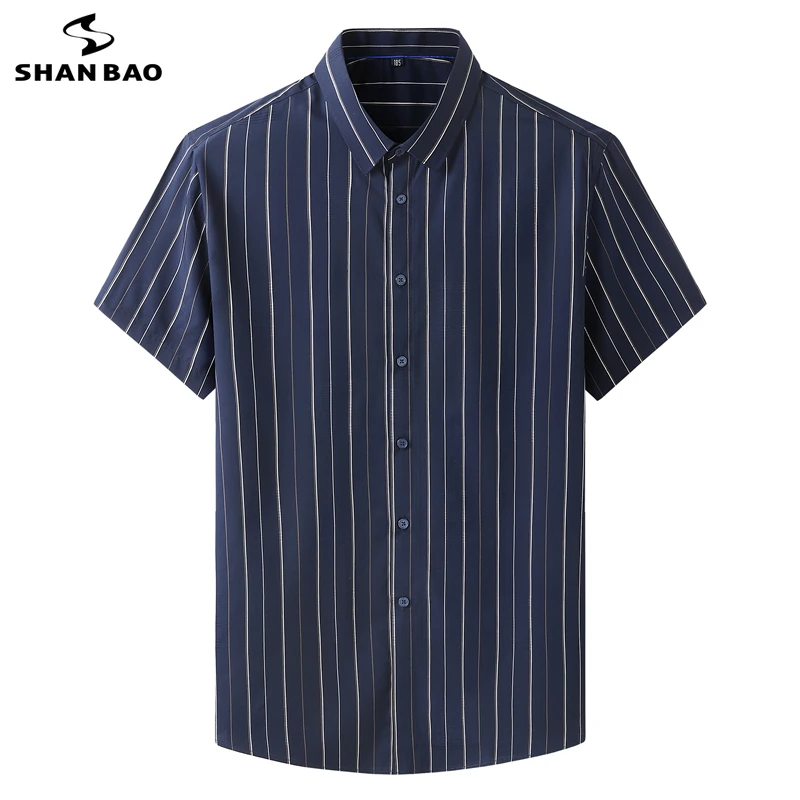 

SHAN BAO New Summer Brand Luxury High Quality Bamboo Fiber Thin Striped Short Sleeve Shirt Plus Size Men's Casual Loose Shirt