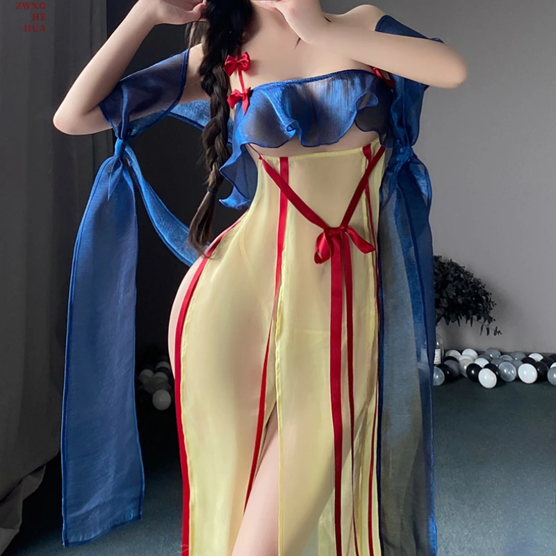 Ancient Pajama Passion Nightgown Uniform Hot Dancer Cosplay Hanfu Sexy Lingerie See-Through Temptation Gauze Sleepwear Robe 3pcs