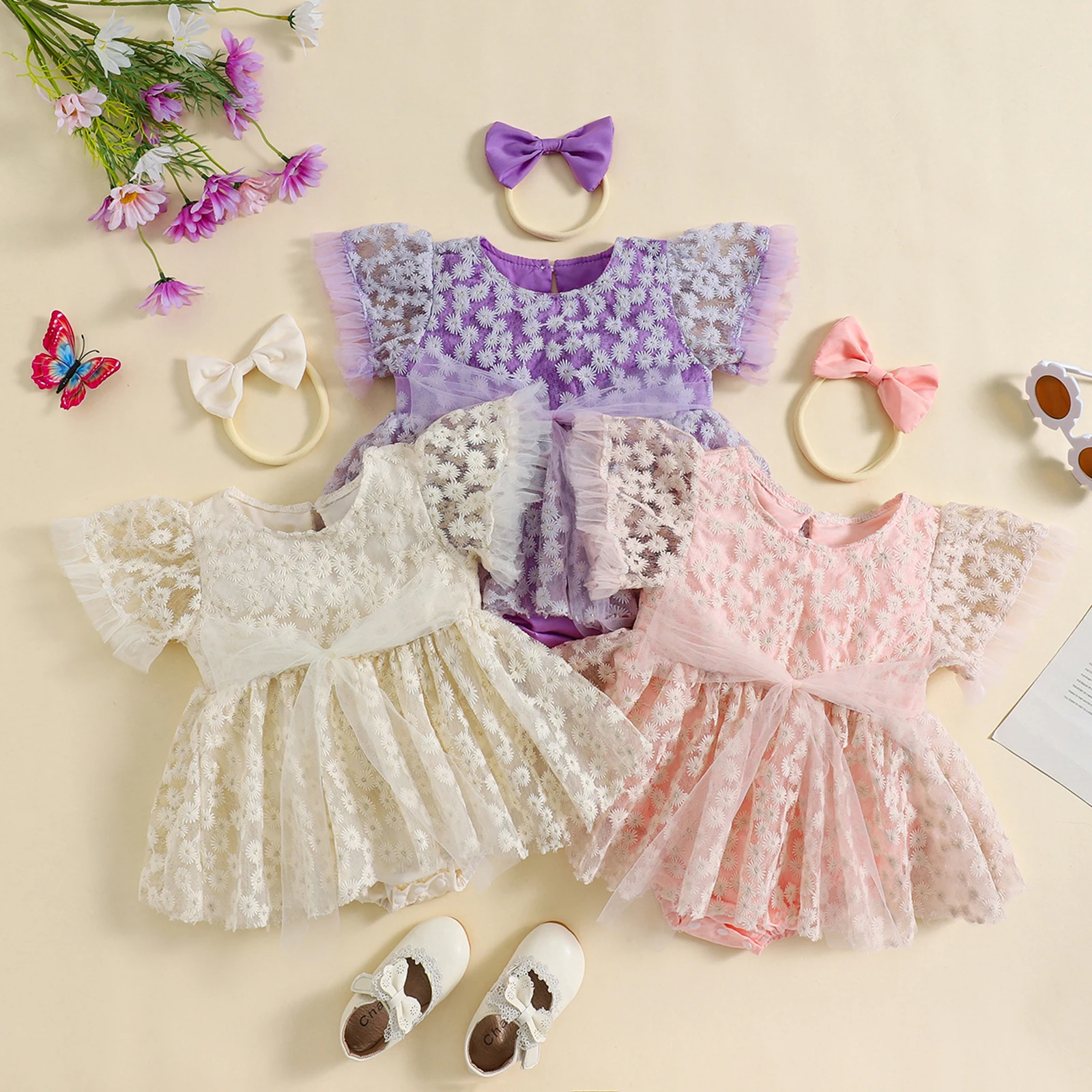 

2-Piece Baby Girls Set Lace Tie-up Daisy Mesh Bodysuit Dress Short Sleeve Romper Bow Headband Adorable Jumpsuits Outfits