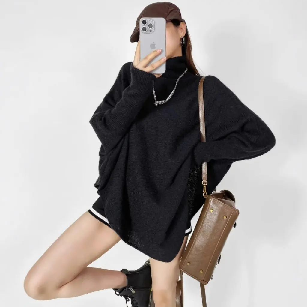 

Women's Mid-Length Cape Turtleneck Sweater Autumn Winter Loose High Collar Batwing Sleeve Knitted Lazy Style Spice Girls