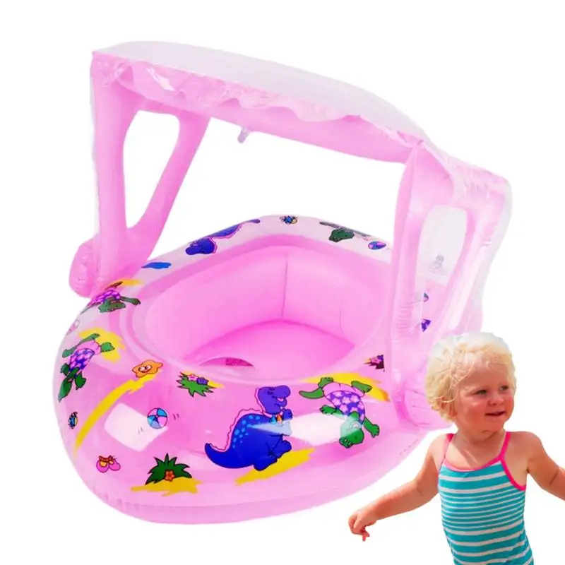 

Baby Water Float With Canopy Dinosaur-Themed Baby Swim Float Water Toy For Age 1-5 Inflatable Swimming Boat With Sunshade For