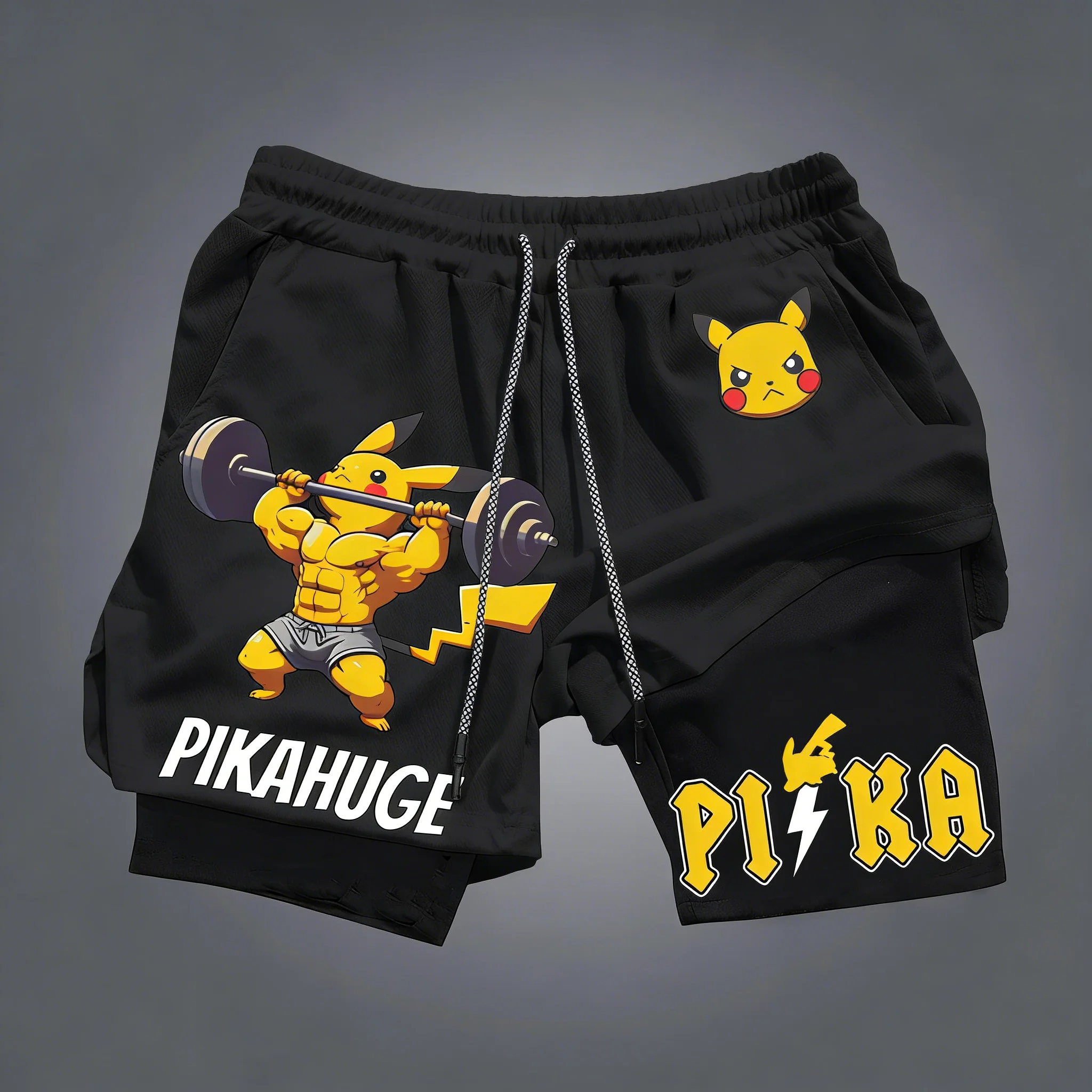 

Мужские дышащие спортивные шорты из чистого хлопка в стиле Пикачу (аниме Покемон), двухслойные, свободного кроя, модные, лето 2026