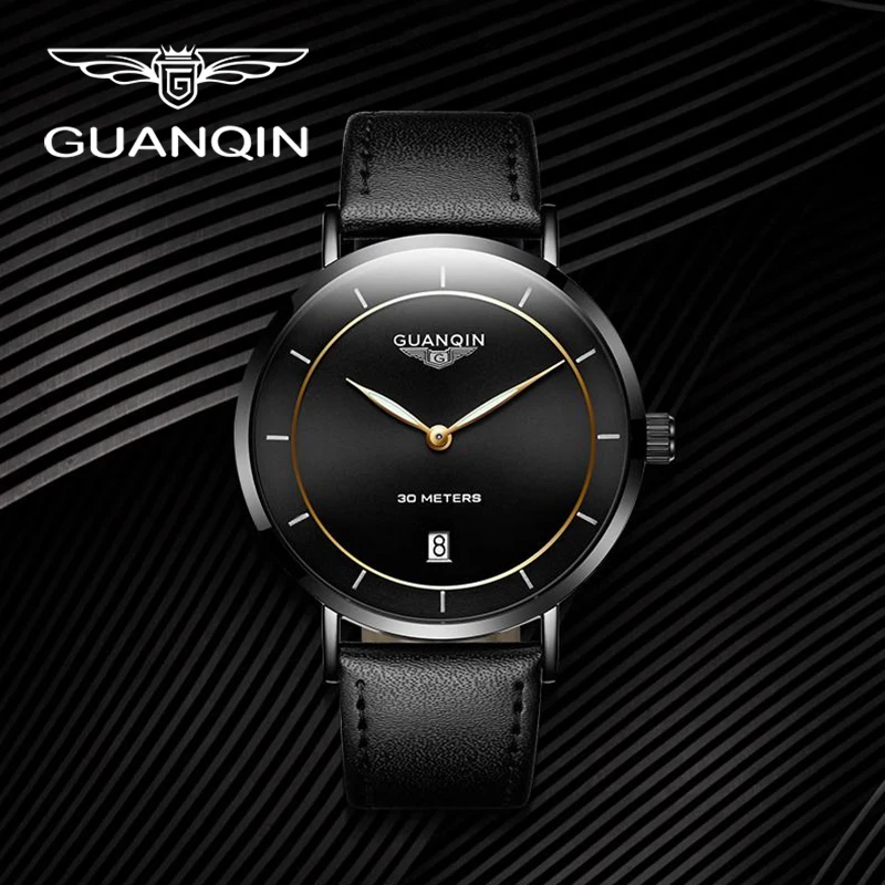 

GUANQIN Роскошные мужские кварцевые часы Ультратонкий корпус из нержавеющей стали с окошком даты Минималистичные часы для отдыха 30 м Водонепроницаемые светящиеся часы