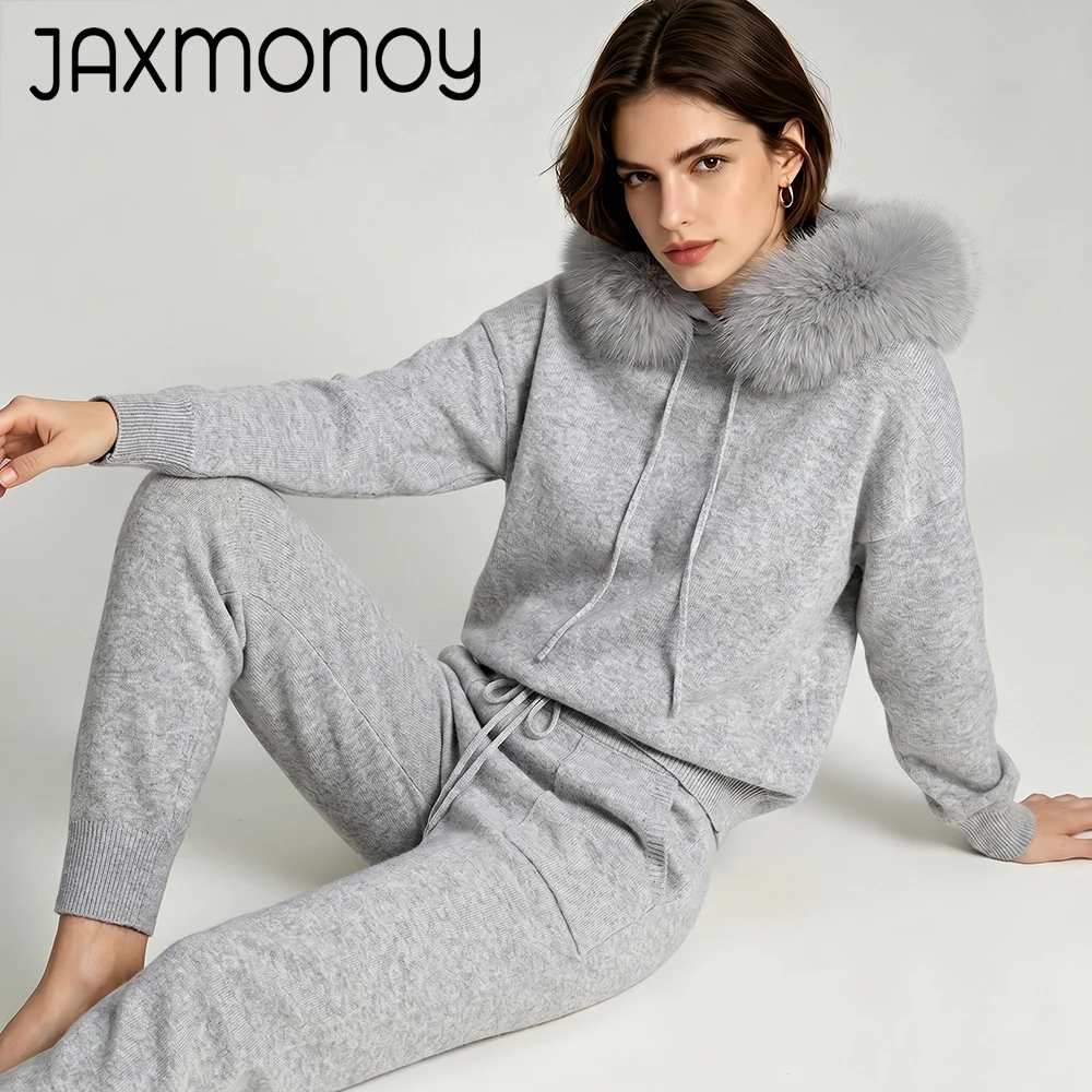 

Jaxmonoy Women's Matching Sets High Quality Wool Blend Knitted Pullover and Pants Set Autumn Luxury Real Fox Fur Collar Sweater