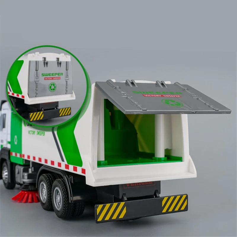 1/32 City Environmental Sanitation Sweeper Truck Car Model Metal Toy Garbage Cleaning Vehicles Model Sound and Light Kids Gifts