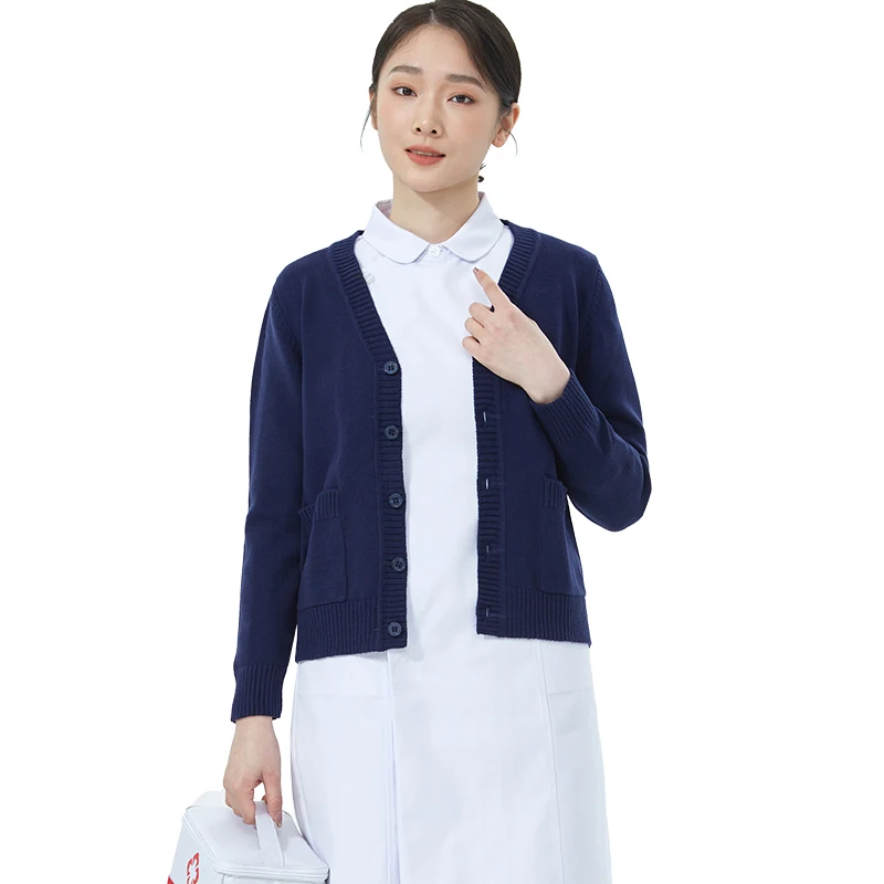 New Scrubs Uniforms Sweater Breathable Warm-Up Cardigan Sweater Charge Senior Midwife Ribbed Deep V-neck Scrubs for Woman Nurses