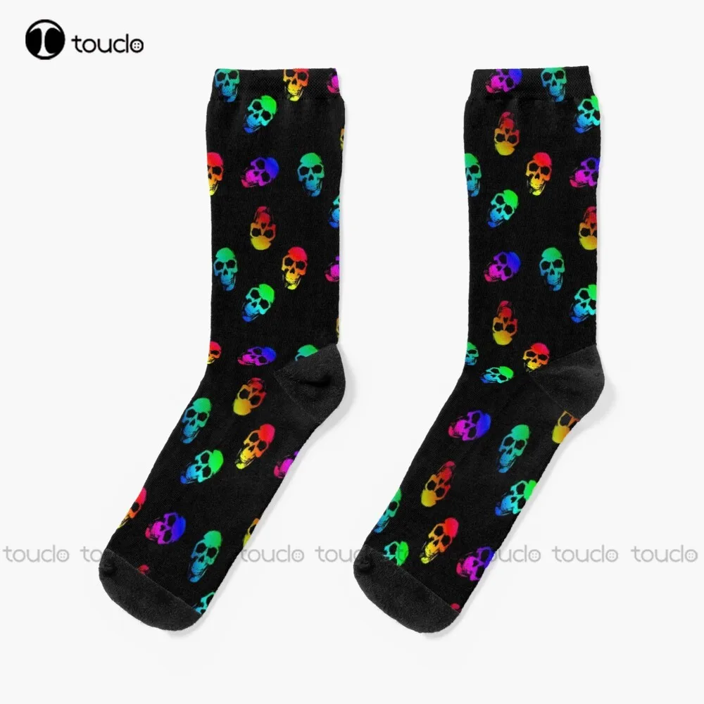 Colorful Rainbow Human-Skulls On Black Pattern Socks Halloween Custom Men Socks Christmas New Year Gift Custom Gift Unisex Adult