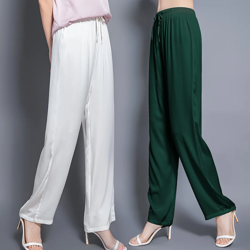 

Pants Women 95% Silk 5% Spandex Blended Mid Waist Pockets Solid 3 Colors Full Pants Simple Design Casual New Fashion