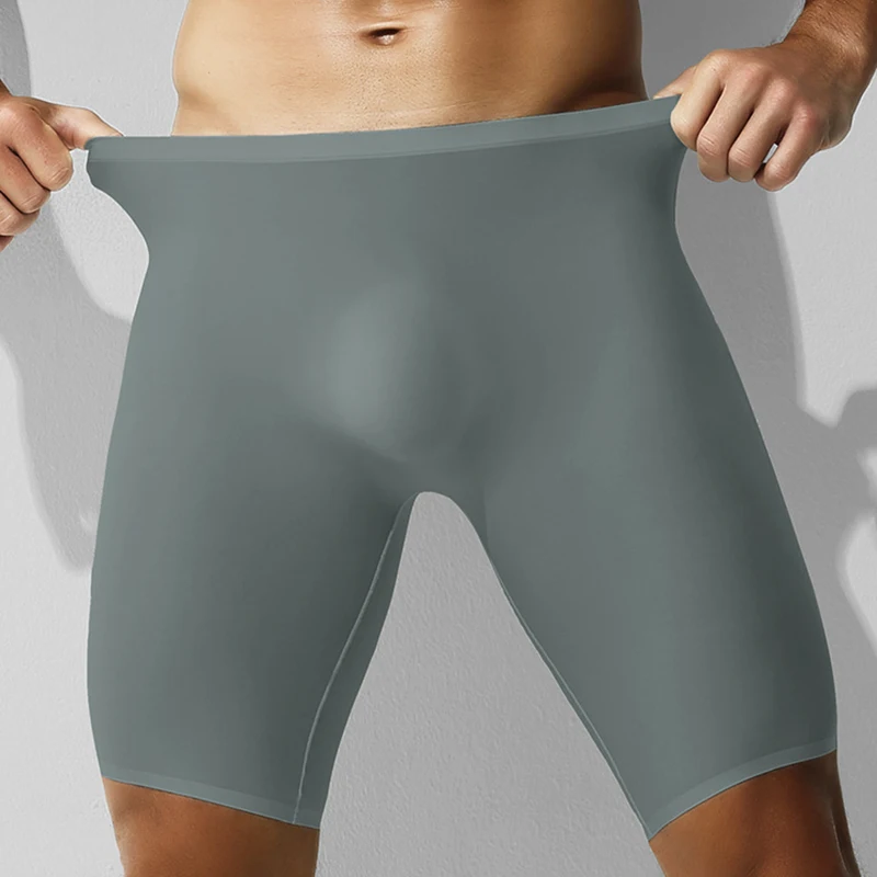 2025 Mens Long Shorts Seamless Slip Homme Panties Ice Silk Sheer Breathable Underwear Sports Workout Quick Drying Underpants