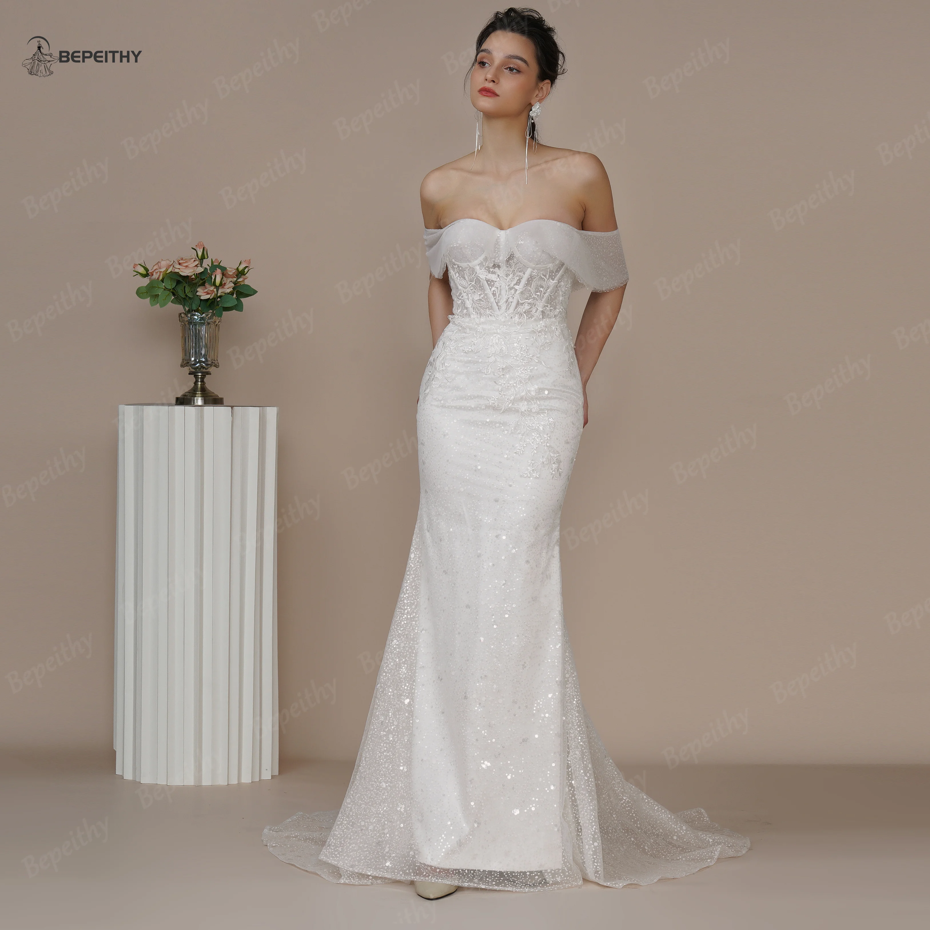 BEPEITHY Customized Sweetheart Glitter Mermaid Wedding Dresses 2023 Summe Sexy Boho Bride Bridal Party Gown Detachable Sleeves