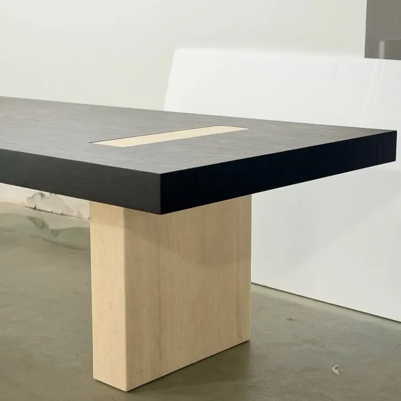 Italian Light Luxury Natural Marble Solid Wood Tea Table Modern Simple Travertine Coffee Table Office Home Rock Slab Desk