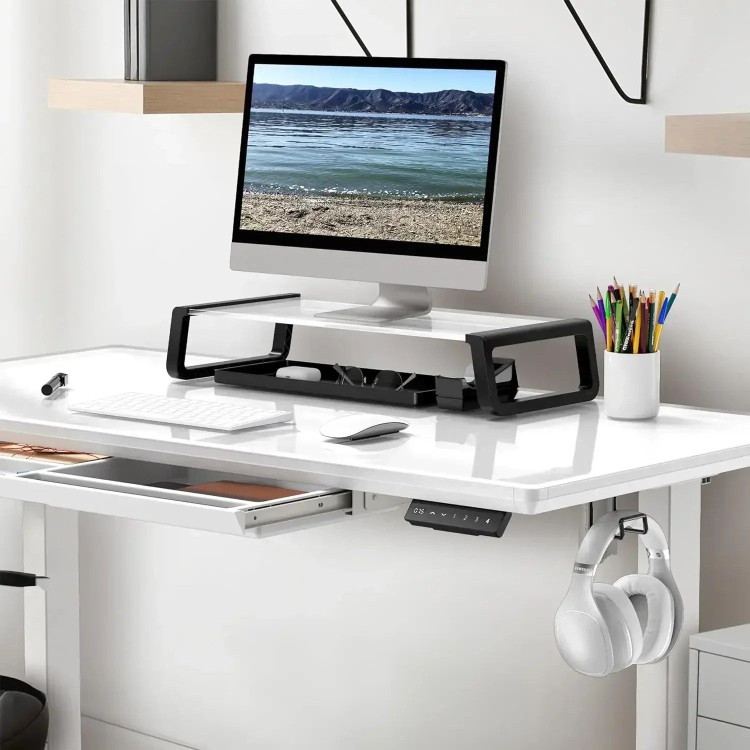 Suprimentos para móveis SHW 48 polegadas de vidro de peça inteira elétrica com altura ajustável monitor de mesa riser e gaveta incluída branco