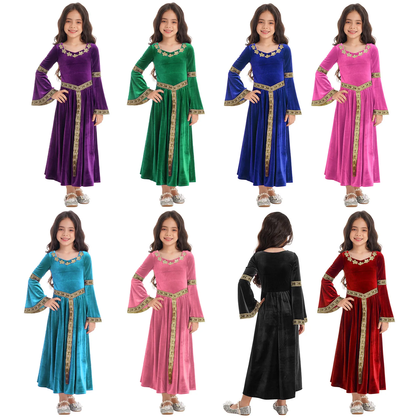 Kids Girls Medieval Renaissance Princess Costume Velvet Long Flare Sleeve Vintage Dress Gown Carnival Party Cosplay Dress Up