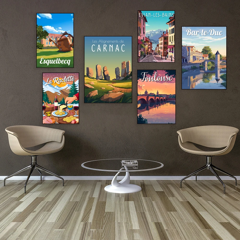 ملصقات السفر لـ La Colette، Saint Malo، La Plagne، Barreduc، Paris، Fontainebleau، Evian-les-Bains، بحيرة Serpentine، Biarritz