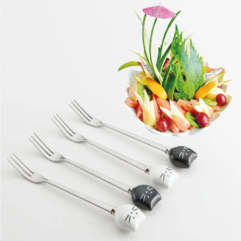 1pc Cartoon Cute Cat Fork Stainless Steel Long Handle Stirring Spoon Fruit Fork Coffee Spoon Ceramic Handle