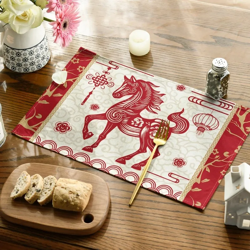 Leinen-Tischsets mit Tier- und Pferdemotiv, Geschirr, rutschfeste Matte, Papierschnitt-Stil, Heim-Desktop-Dekoration, geeignet für Neujahrsparty