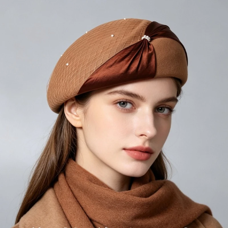 Hepburn Style Noblewoman Silk Cotton Butterfly Knot Beret Elegant Australian Wool Felt Hat Fashion Pearl Pendant Cocktail Hat
