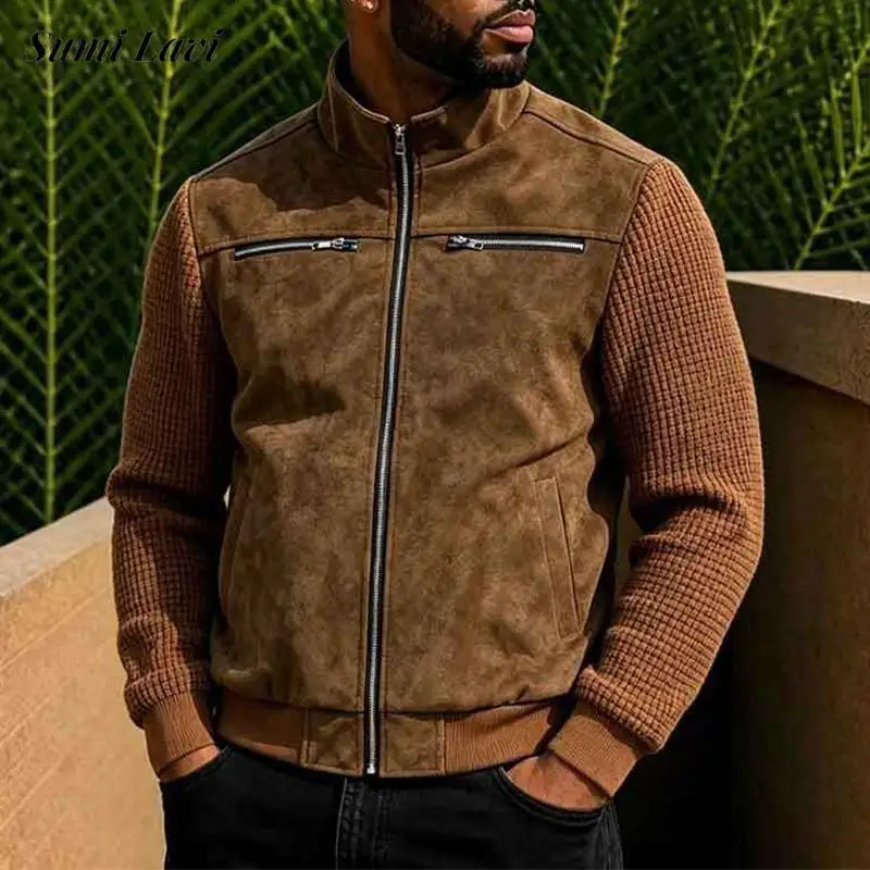 Fashionable Waffle Texture Jackets Mens Streetwear Vintage Stand Collar Zipper Coats Men 2026 Autumn Solid Color Outerwear