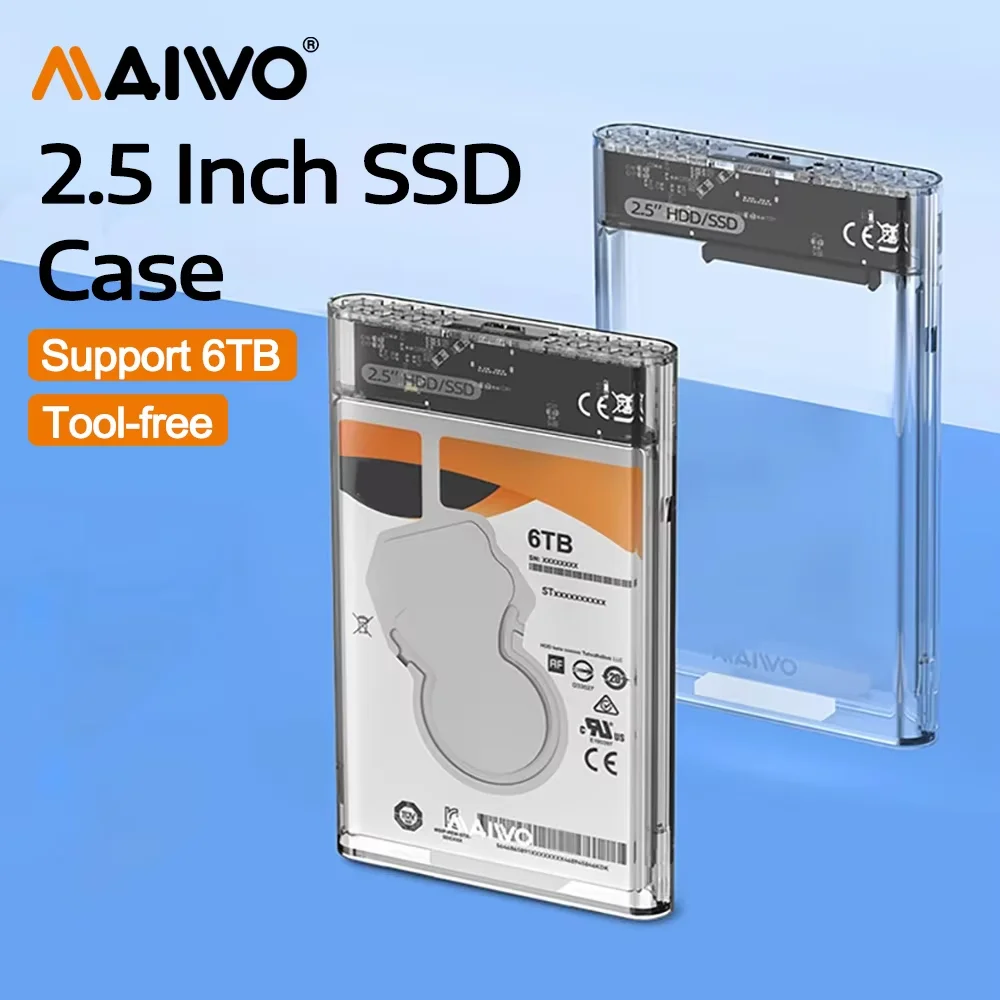 

MAIWO HDD Case 2.5'' External Hard Drive Enclosure SATA to USB 3.0 Type-C Tool-Free Clear 2.5 Inch SATA SSD/HDD Hard Disk Case