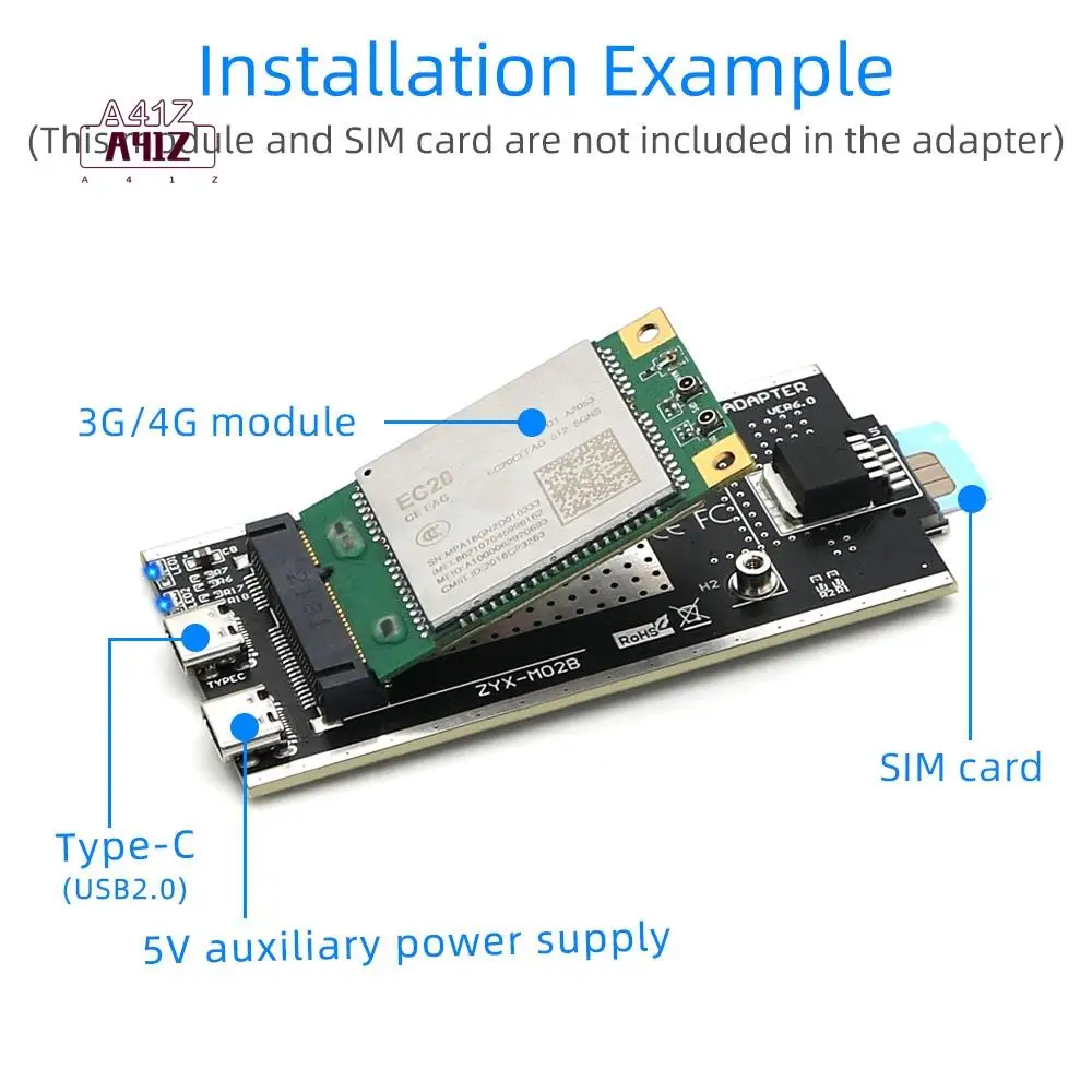 

Адаптер A41Z-Mini PCI-E к USB 2.0 (ТИП C) со слотом для SIM-карты и вспомогательным интерфейсом питания для модуля WWAN/LTE