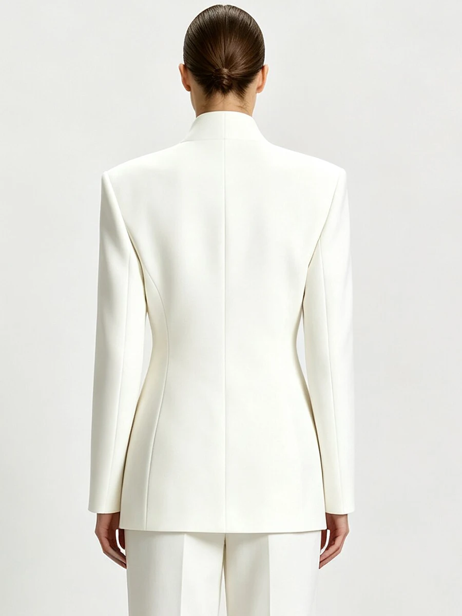LIMO Women White Stand Collar  Two  Waist Slim Side Pockets Long Sleeve Elegant Business Commuter Tailored Jacket