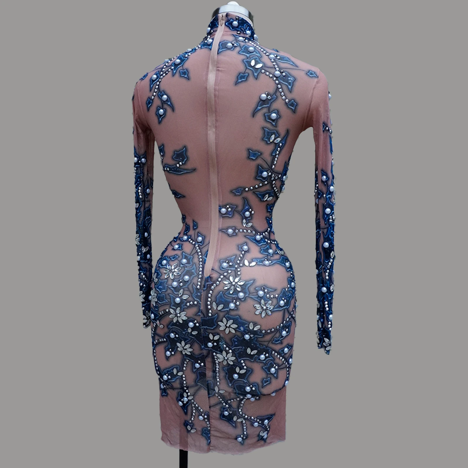 Vestido de manga larga con diamantes de imitación de cristal para mujer, trajes sexys de malla para cantante, trajes de escenario para fiesta de noche, festival de cumpleaños, disfraces de drag queen