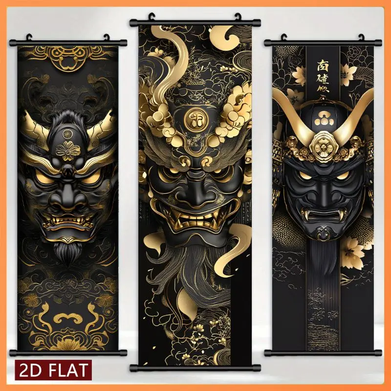 VIKAMA Gilded Hannya Devil Mask Wall Tapestry Japanese Demon Gold Leaf Premium Scroll Art Home Decor Funny Humor Soft Durable