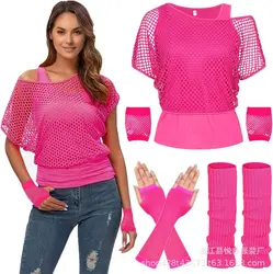 Carnival 1980s Party Workout Neon Color Party Prom Fishing Net Short Sleeve Earrings Necklace Leggings 70s Set Outfits
