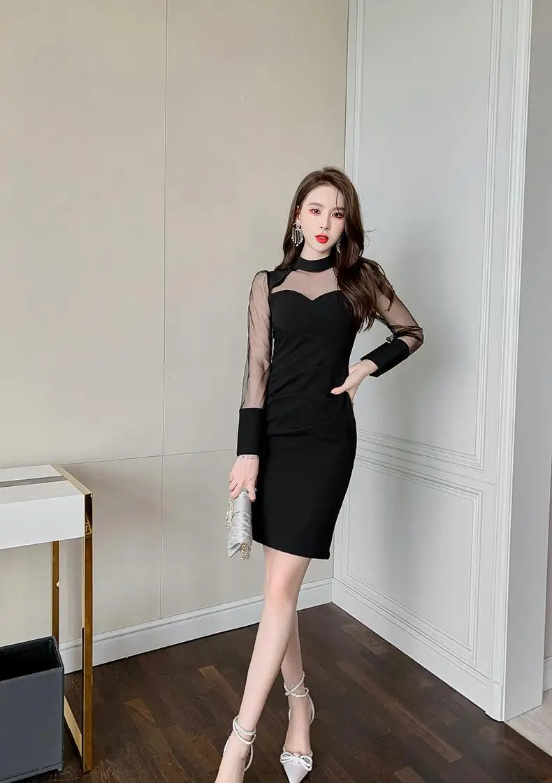 Spring new Korean women's sexy transparent mesh stitching slim hip black dress trendy