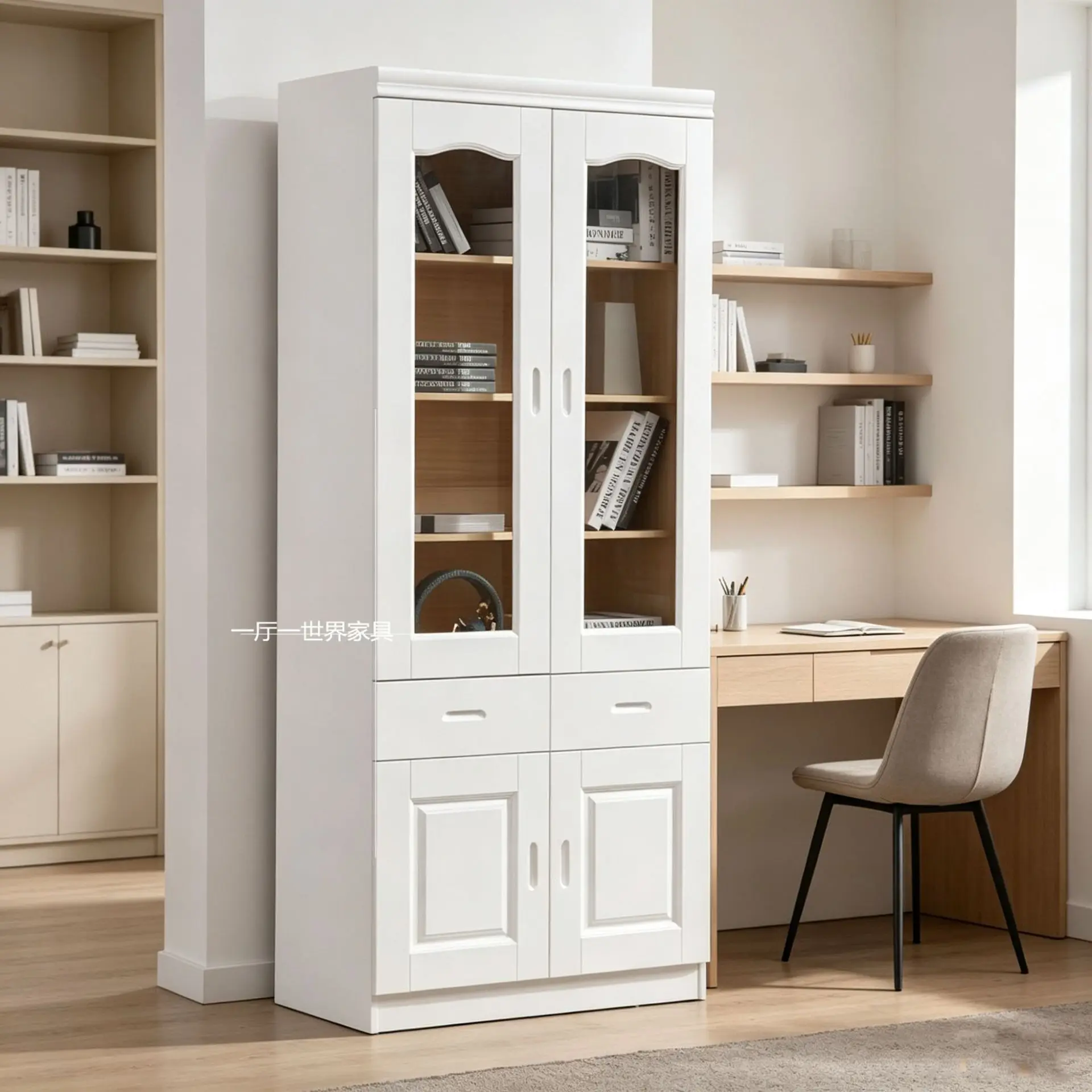 Oak bookcase, all solid wood, two doors and three doors bookcase combination with glass door, simple modern