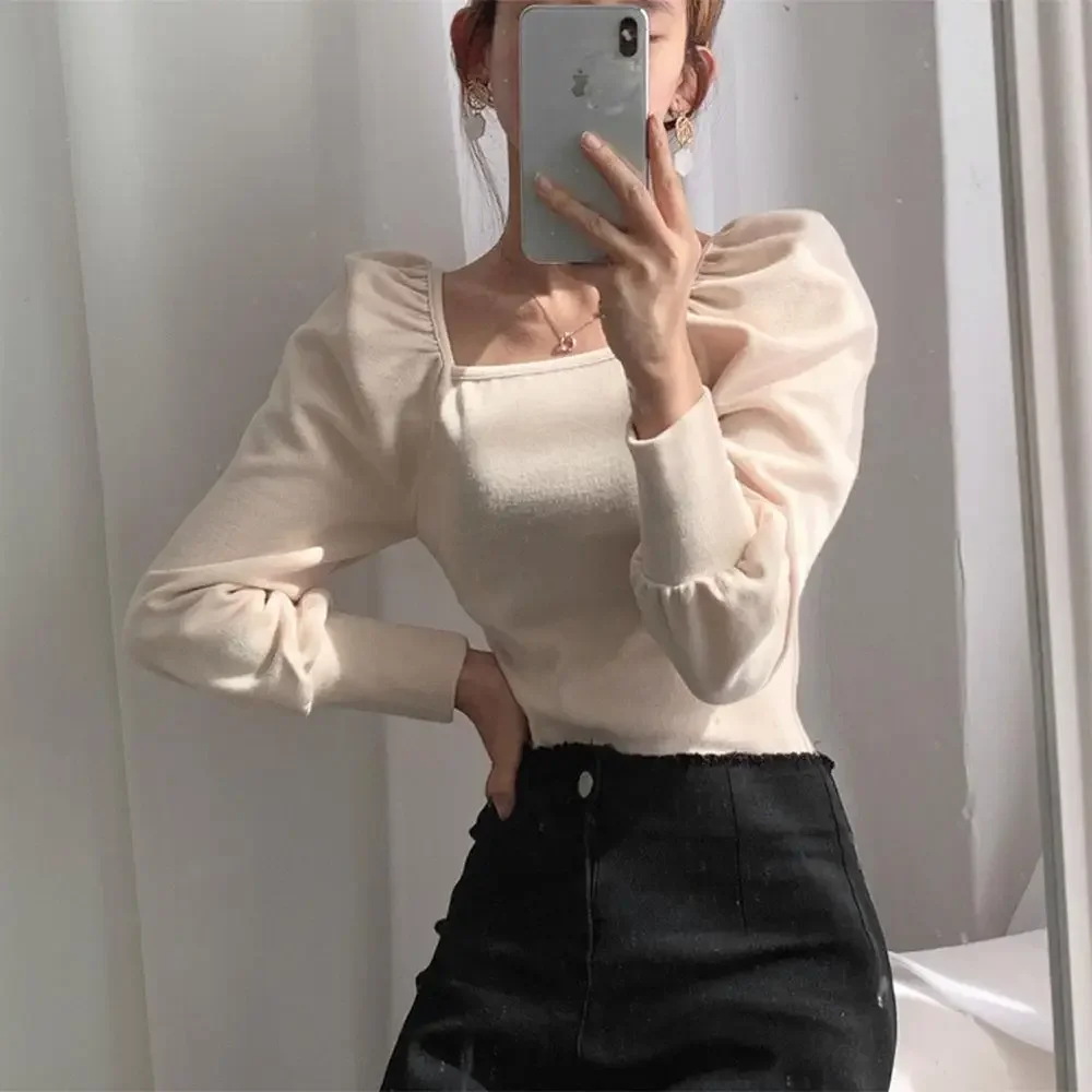 Thickened Velvet Square Neck Slim Fit Pleated Bubble Sleeve T-shirts Spring Ropa Mujer Shirts for Women Black Tops Knit V1470