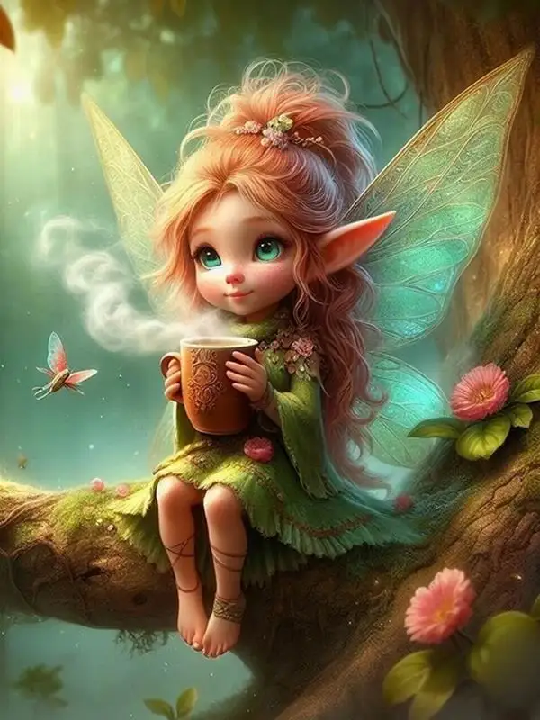 FULLCANG DIY Cartoon Elf Coffee Diamond Painting Kit 3