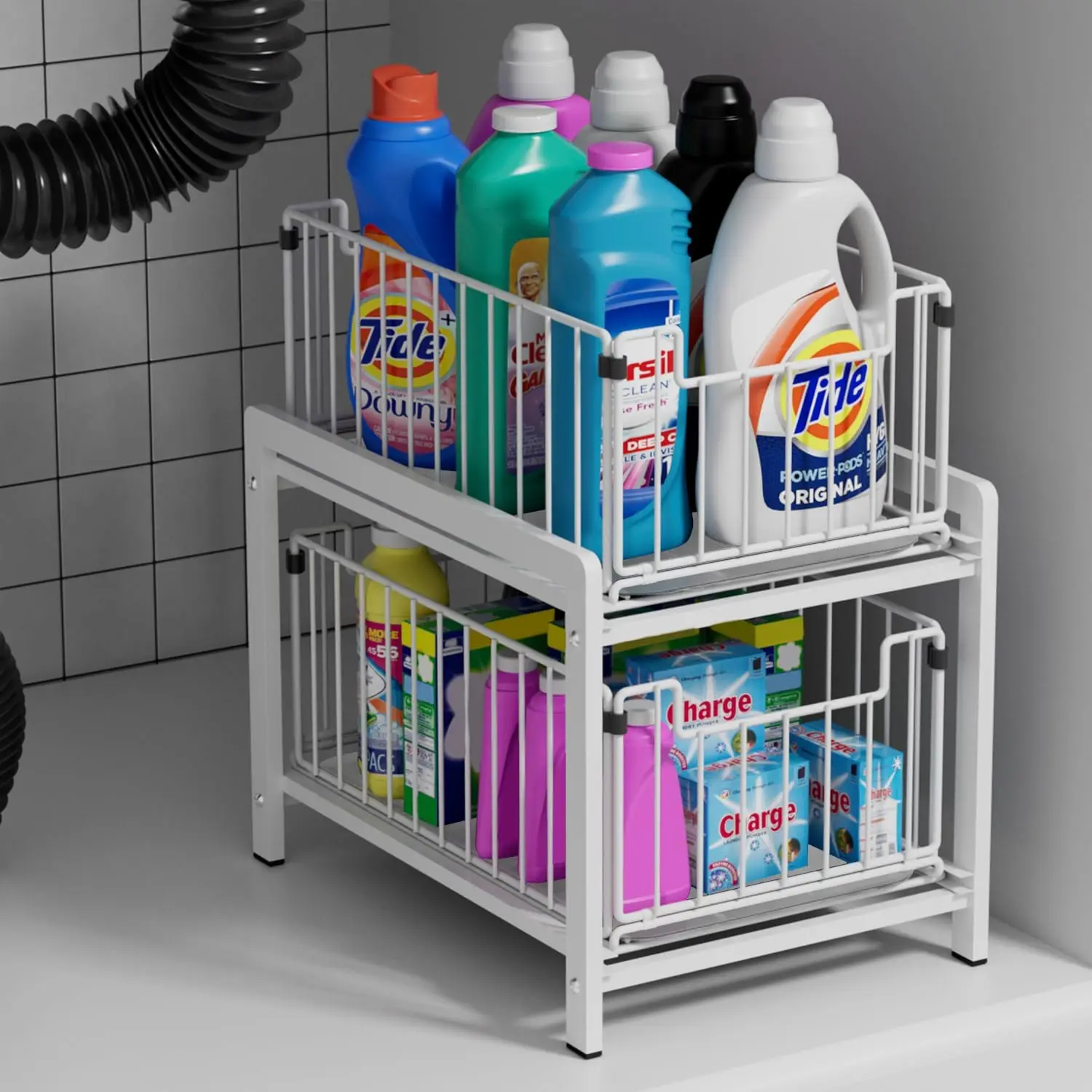 

2 Tier Sliding Basket Drawer Organizer, Pull Out Under Sink Cabinets Organizers, Metal Home Shelf for Bathroom or Kitchen,