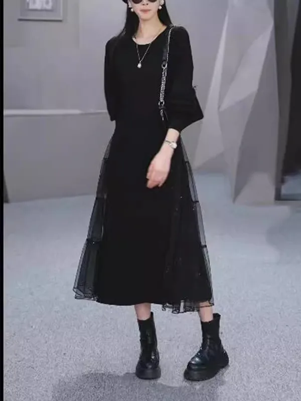 

plus Size A-Line Knitted Dr with Me Splicing Long Sve Women's Faion Casual High Waist Winter Long Dr