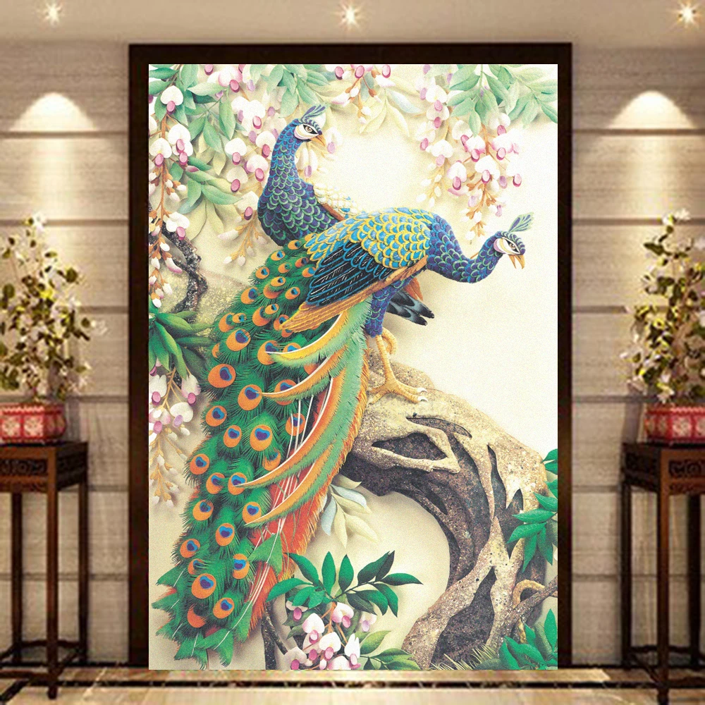 Peacock Pattern Frosted Privacy Glass Window Stained Film Sun Blocking Anti UV Glue-Free Static Glass Door Decoration Film