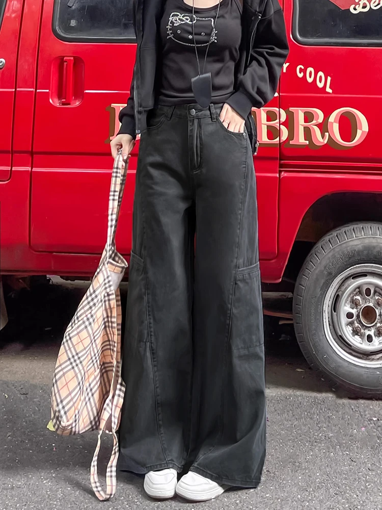 

Grey Workwear Denim Pants Women's Wide Leg Draping Small Size Large plus Size High Waist Slimming Loose Straight Floor-Length...