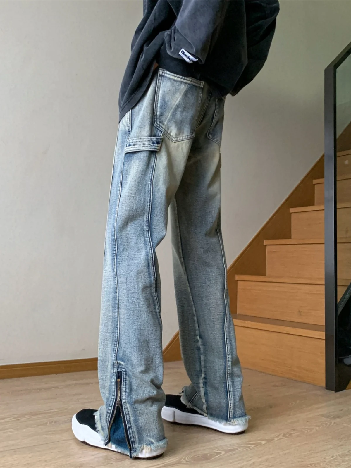 

Men's High Street American Sle Zipper ket Jeans Spring Autumn Wear Resistant Straight Leg Patchwork Workwear Trousers