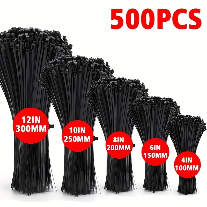 500 Peças de Abraçadeiras de Nylon Pretas com Trava Automática, Tamanhos Variados (100, 150, 200, 250, 300mm) para Uso em Casa, Escritório, Jardim e Oficina