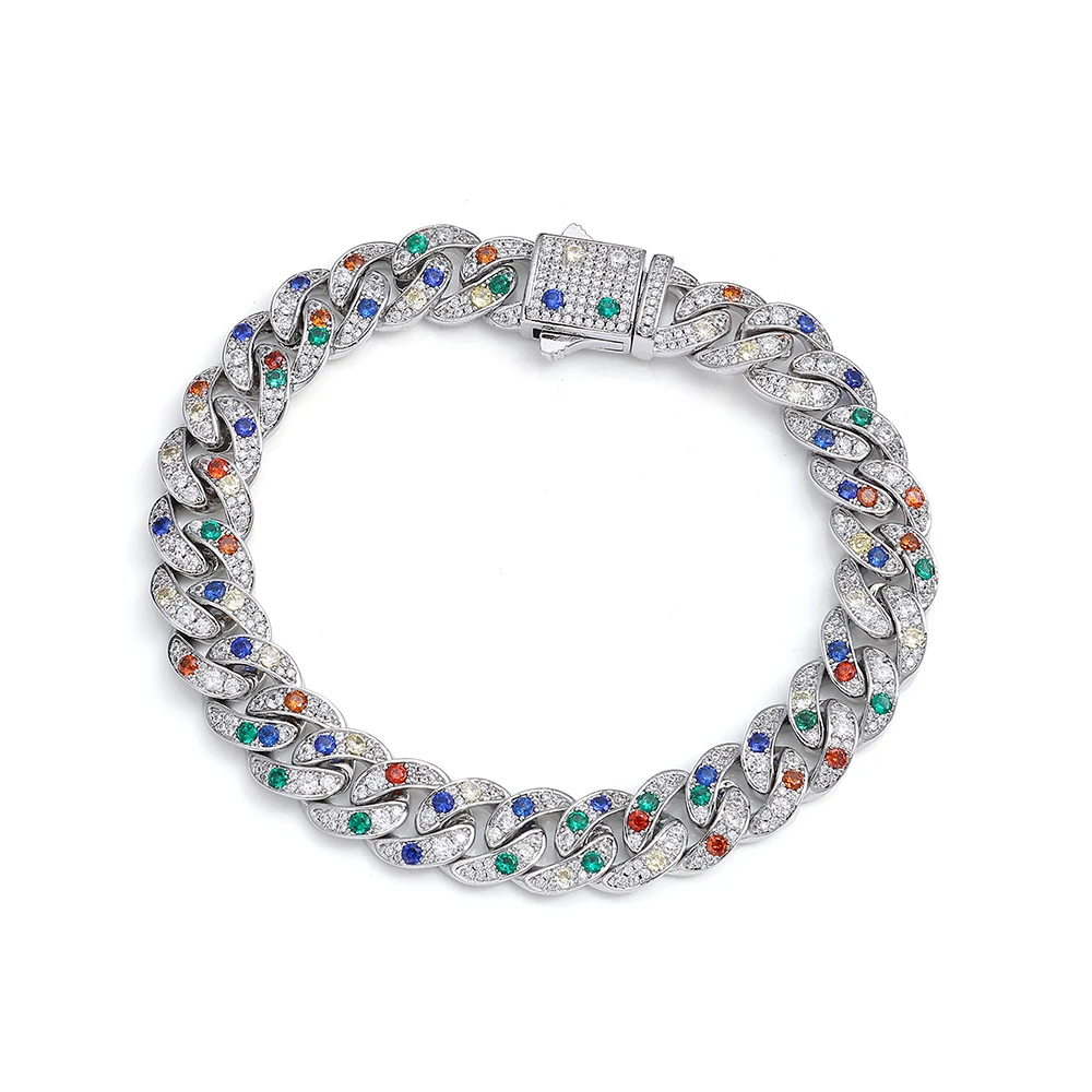 NY 10mm Bling Rainbow Miami Cuban Chain Bracelet Copper Inlaid Multi Color Cubic Zirconia Iced Out Hip‑Hop Jewelry For Men Women