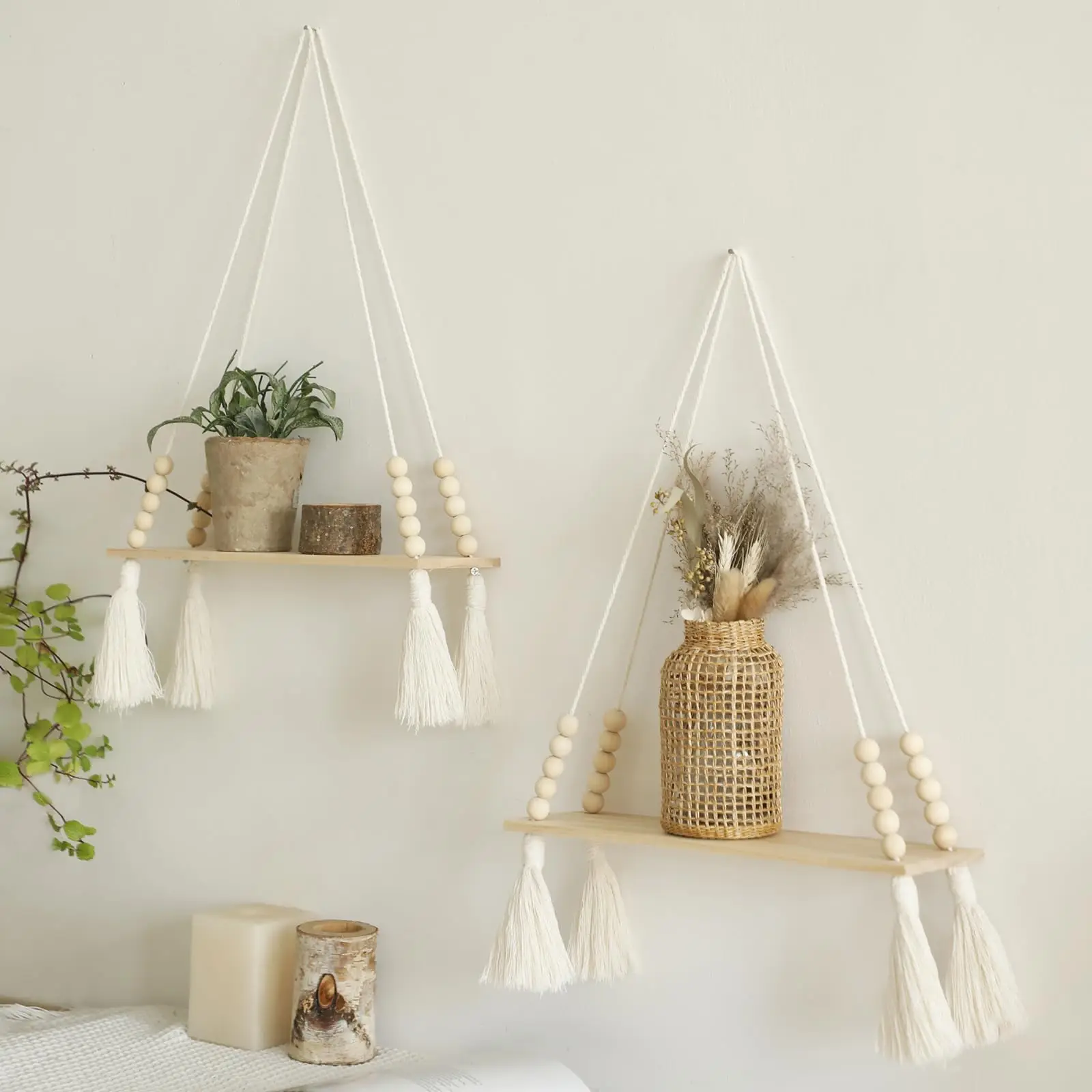 Makramee-Wandregal zum Aufhängen, schwebendes Wandregal, Boho-Heimdekoration, Regale, Wand, Holzdekoration für Schlafzimmer, Wohnzimmer, Kinderzimmer, Geschenk – Detail 3