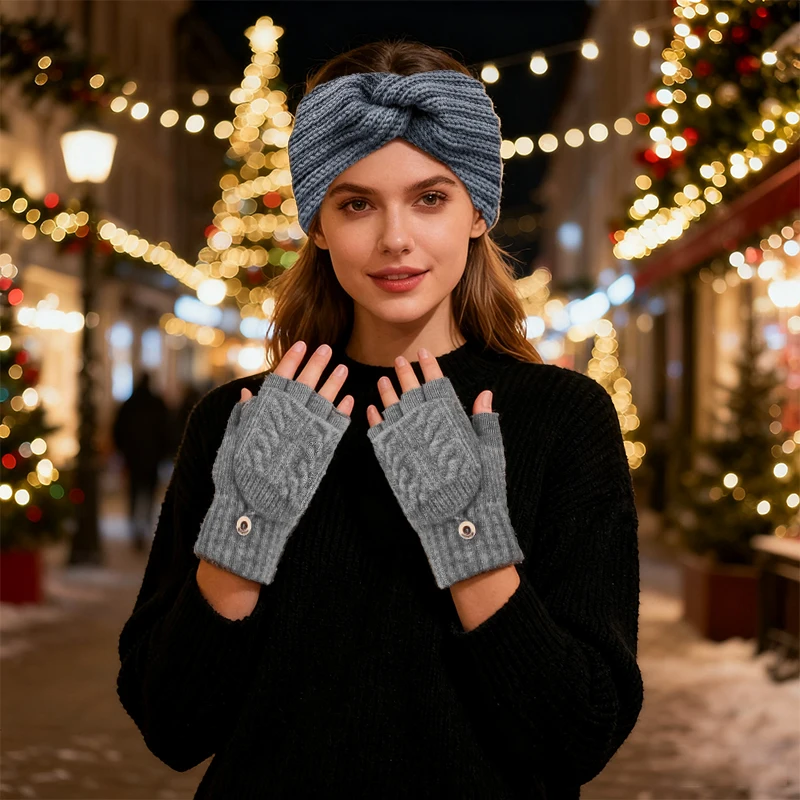 

Autumn Winter Women Knitted Headband and Knittied Gloves Elastic Solid Color Women Ear Warmer Outdoor Cycling Headband Headwear