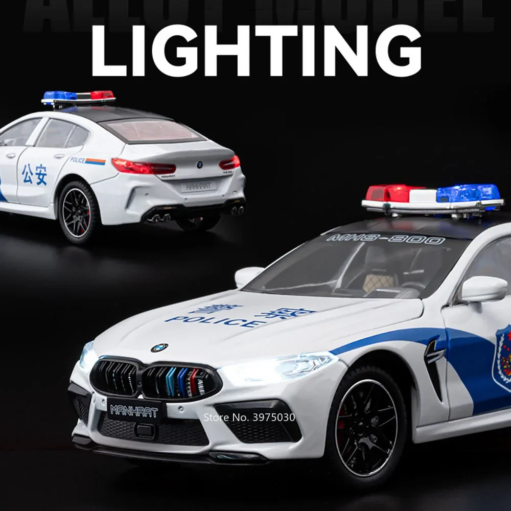 1/24 Legierung Diecast BMW M8 Polizeiautos Modell Spielzeug Rad Zurückziehen Gummireifen Sound Licht Miniatur Fahrzeug Jungen Sammlung Geschenke